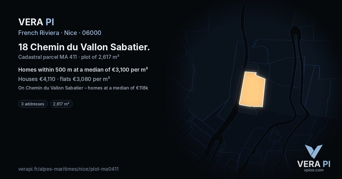 18 Chemin du Vallon Sabatier, Nice at night – the plot lit, the parcels around coloured by the prices near them