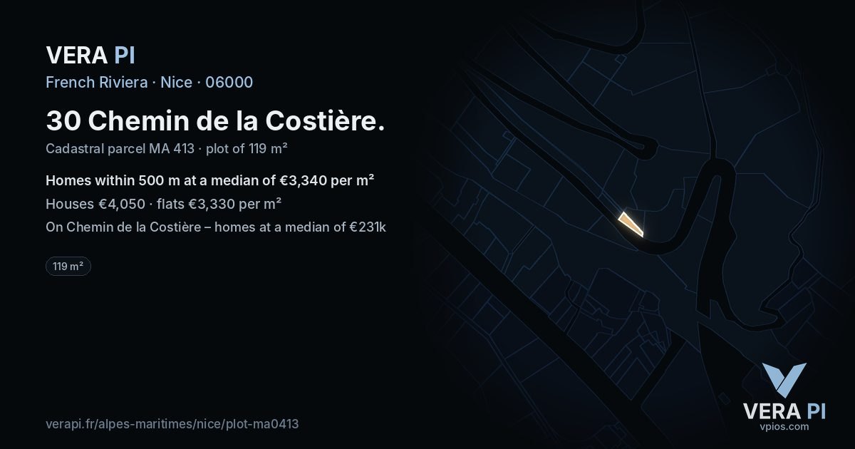 30 Chemin de la Costière, Nice at night – the plot lit, the parcels around coloured by the prices near them