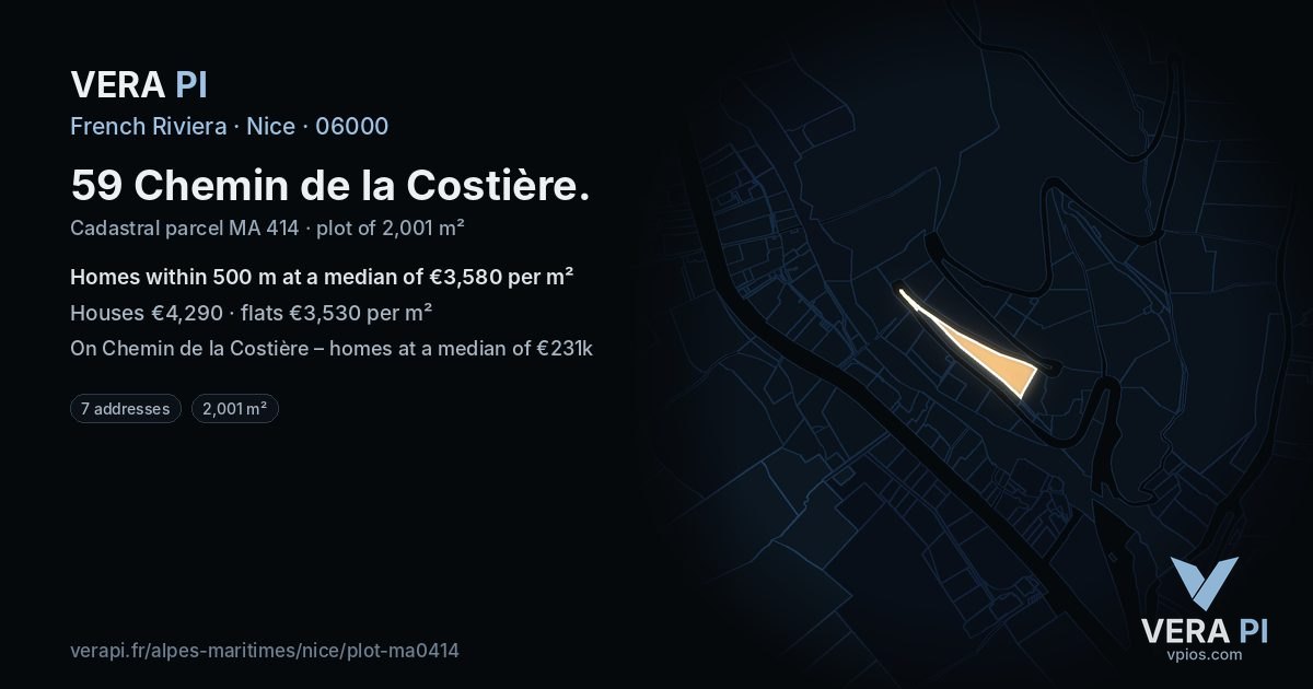 59 Chemin de la Costière, Nice at night – the plot lit, the parcels around coloured by the prices near them