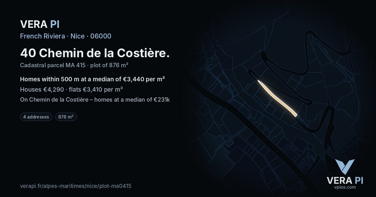 40 Chemin de la Costière, Nice at night – the plot lit, the parcels around coloured by the prices near them