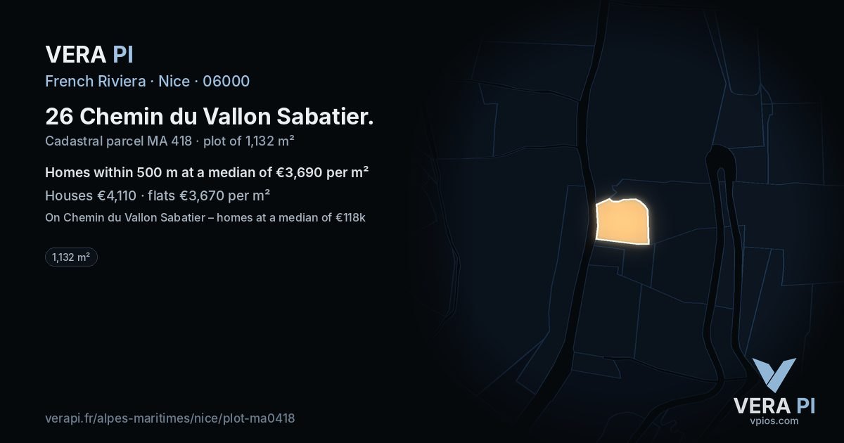 26 Chemin du Vallon Sabatier, Nice at night – the plot lit, the parcels around coloured by the prices near them