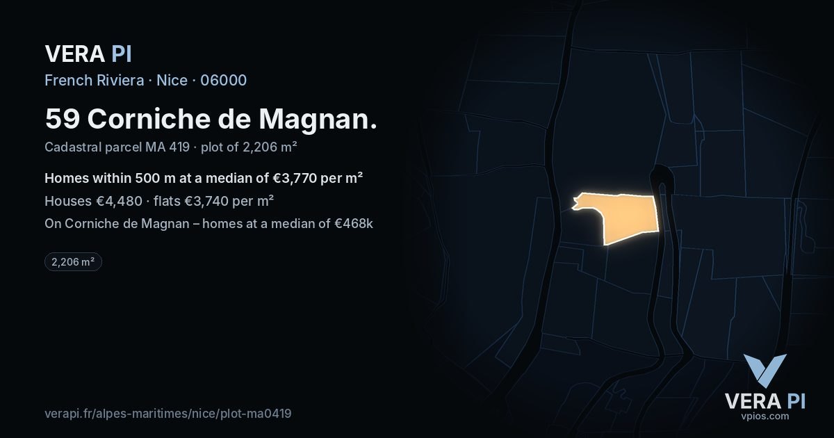 59 Corniche de Magnan, Nice at night – the plot lit, the parcels around coloured by the prices near them