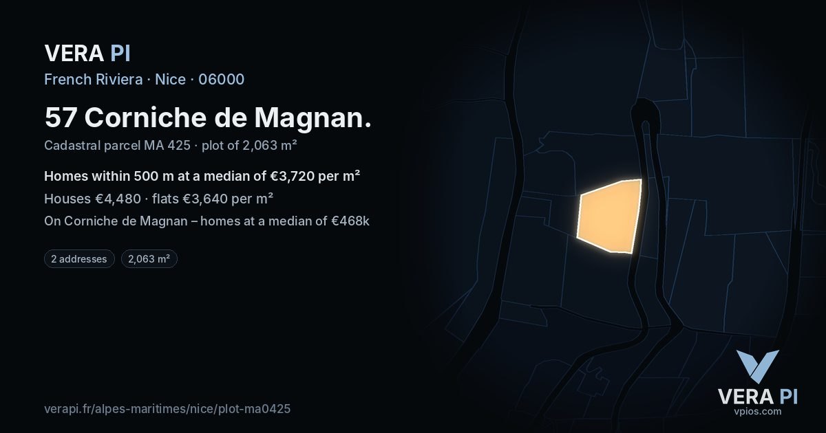 57 Corniche de Magnan, Nice at night – the plot lit, the parcels around coloured by the prices near them