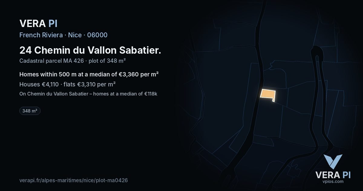 24 Chemin du Vallon Sabatier, Nice at night – the plot lit, the parcels around coloured by the prices near them