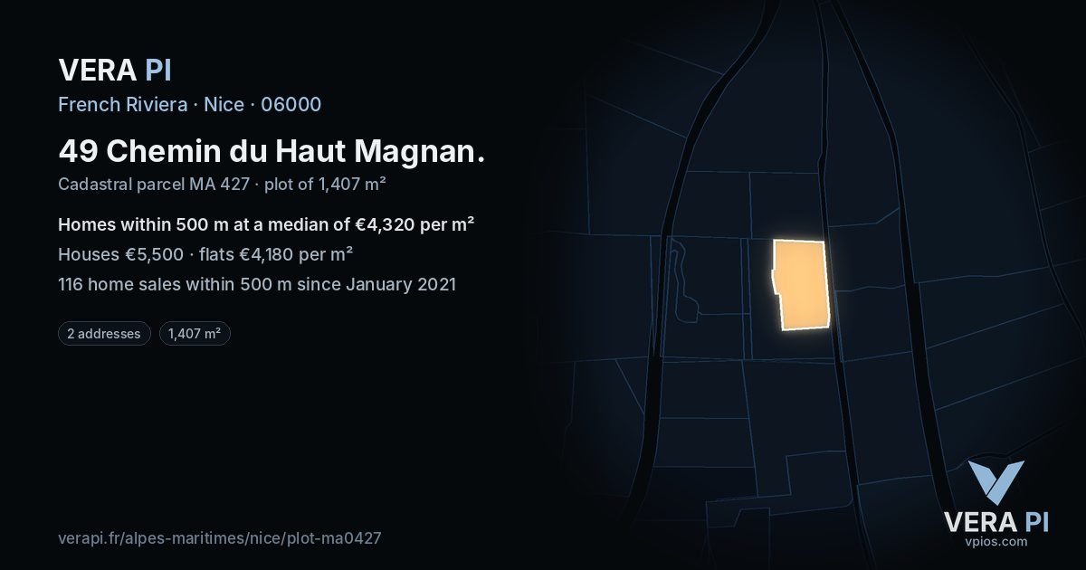 49 Chemin du Haut Magnan, Nice at night – the plot lit, the parcels around coloured by the prices near them