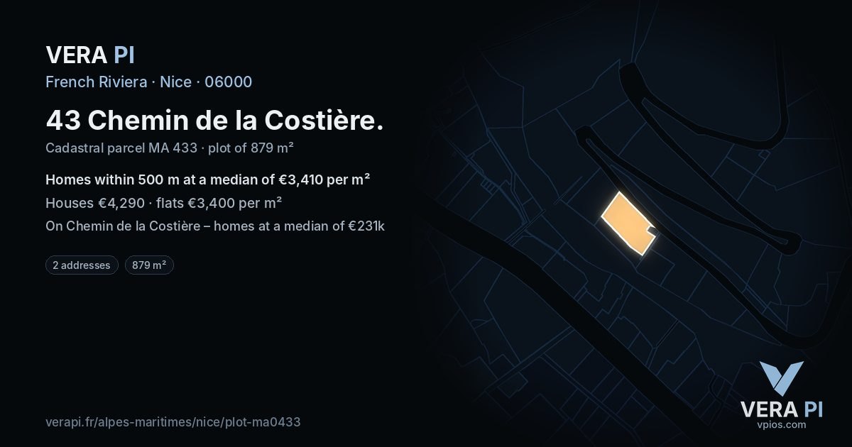43 Chemin de la Costière, Nice at night – the plot lit, the parcels around coloured by the prices near them
