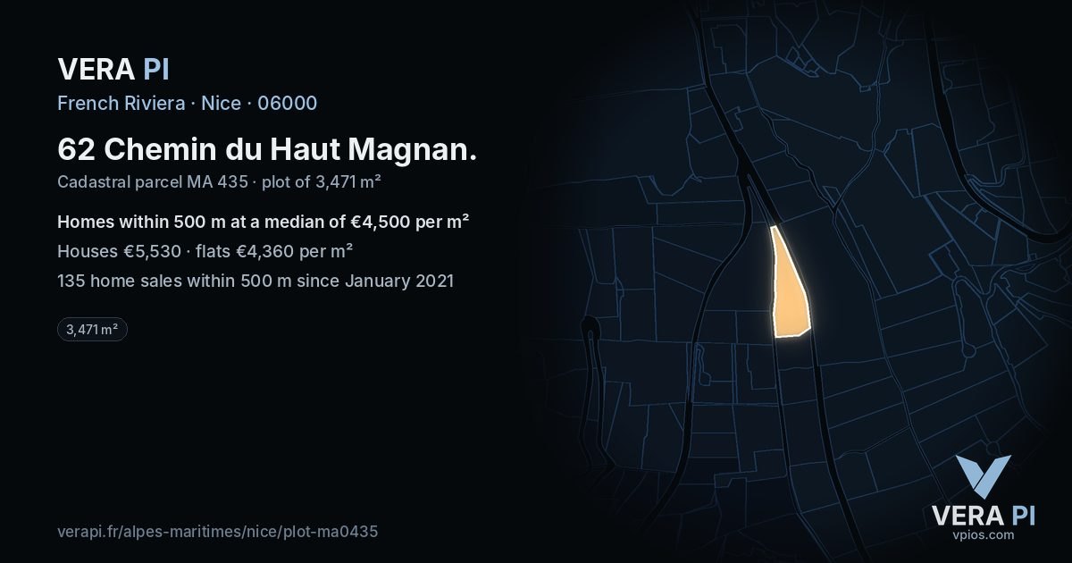 62 Chemin du Haut Magnan, Nice at night – the plot lit, the parcels around coloured by the prices near them