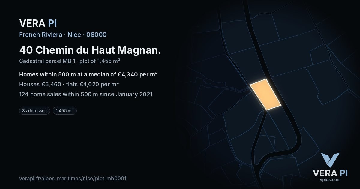 40 Chemin du Haut Magnan, Nice at night – the plot lit, the parcels around coloured by the prices near them