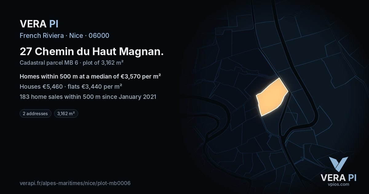27 Chemin du Haut Magnan, Nice at night – the plot lit, the parcels around coloured by the prices near them