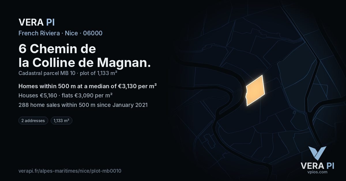 6 Chemin de la Colline de Magnan, Nice at night – the plot lit, the parcels around coloured by the prices near them