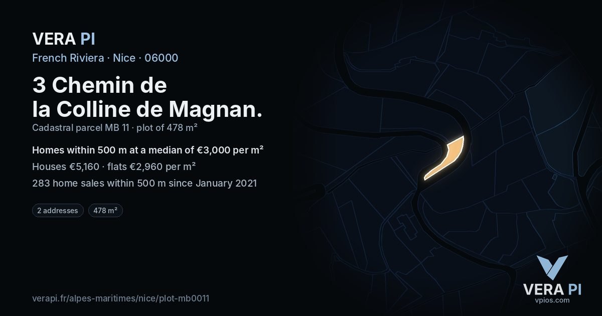 3 Chemin de la Colline de Magnan, Nice at night – the plot lit, the parcels around coloured by the prices near them