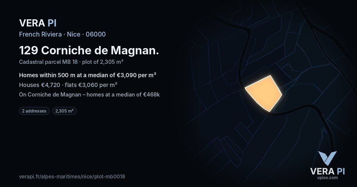 129 Corniche de Magnan, Nice at night – the plot lit, the parcels around coloured by the prices near them