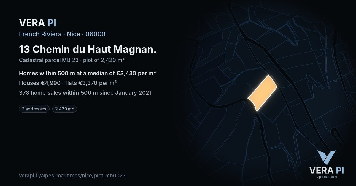 13 Chemin du Haut Magnan, Nice at night – the plot lit, the parcels around coloured by the prices near them