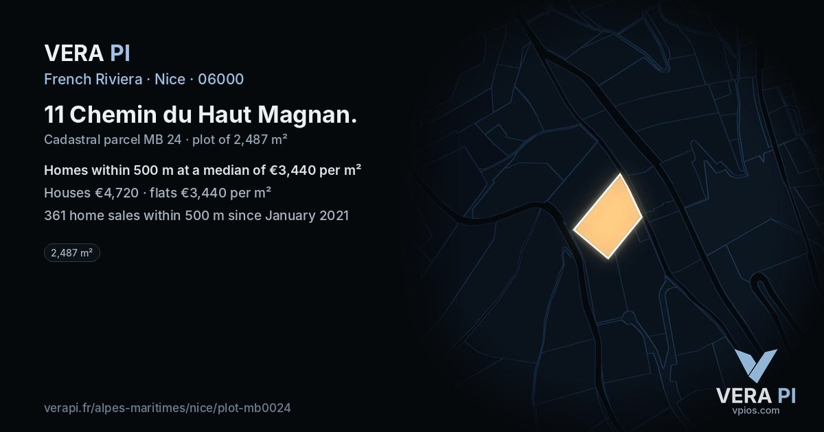 11 Chemin du Haut Magnan, Nice at night – the plot lit, the parcels around coloured by the prices near them
