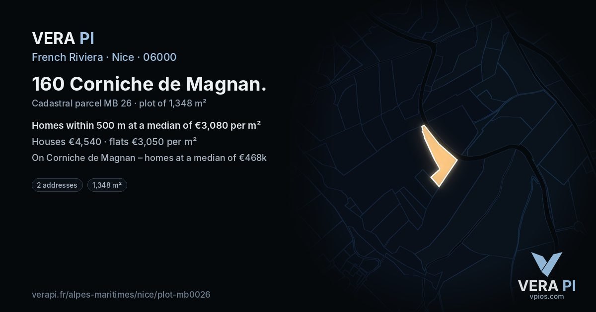 160 Corniche de Magnan, Nice at night – the plot lit, the parcels around coloured by the prices near them