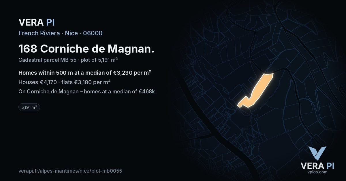 168 Corniche de Magnan, Nice at night – the plot lit, the parcels around coloured by the prices near them