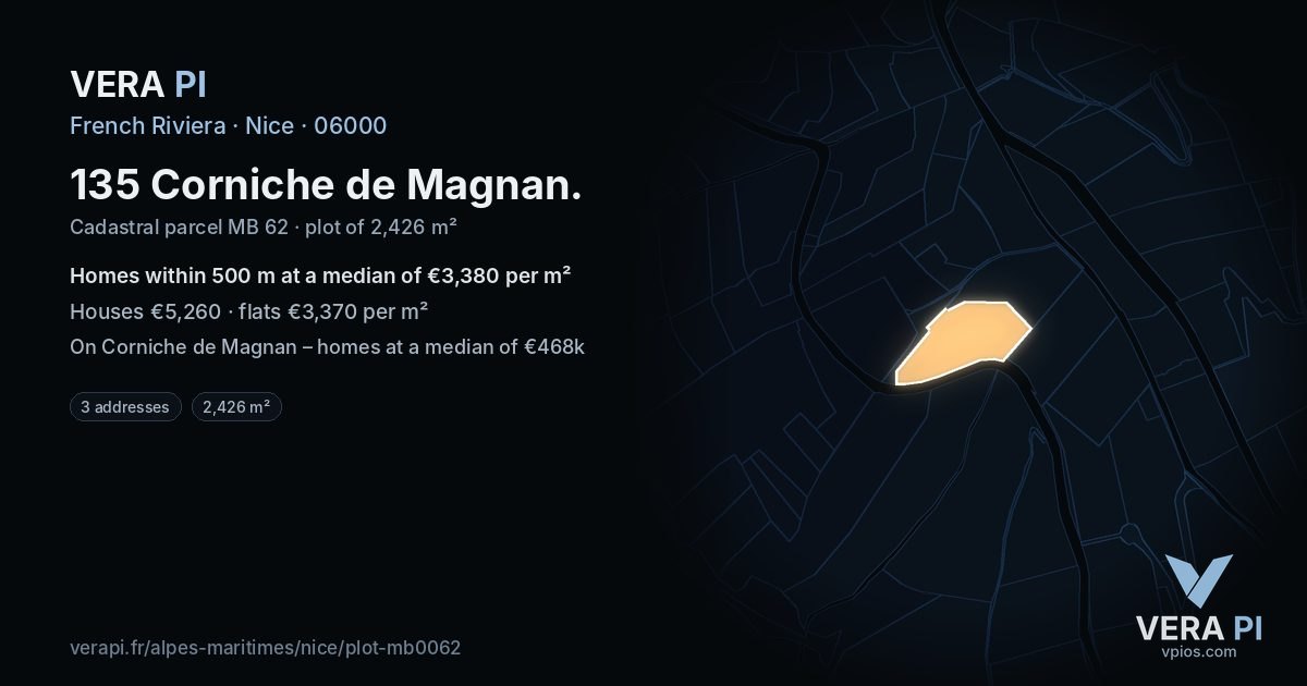 135 Corniche de Magnan, Nice at night – the plot lit, the parcels around coloured by the prices near them