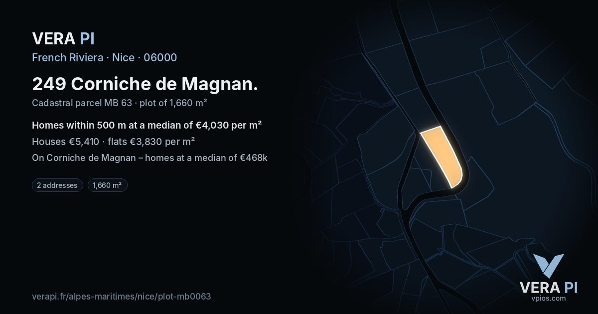 249 Corniche de Magnan, Nice at night – the plot lit, the parcels around coloured by the prices near them