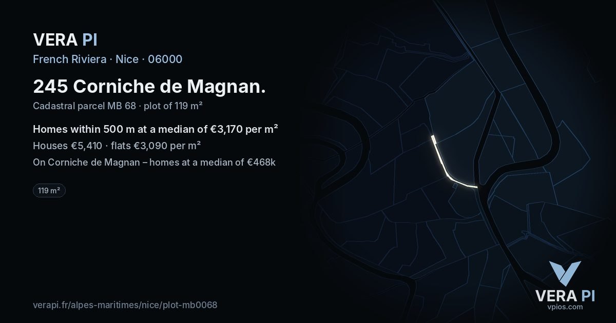 245 Corniche de Magnan, Nice at night – the plot lit, the parcels around coloured by the prices near them