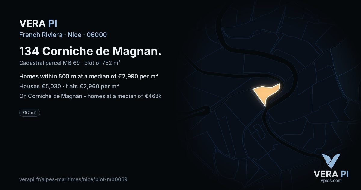 134 Corniche de Magnan, Nice at night – the plot lit, the parcels around coloured by the prices near them