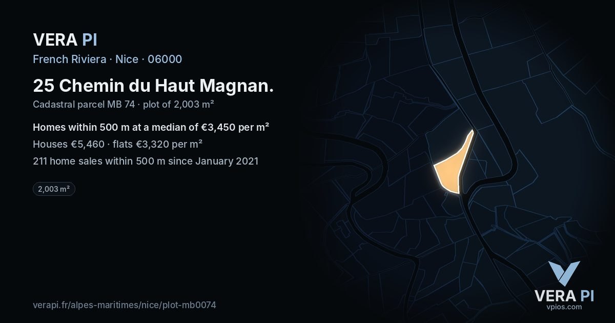 25 Chemin du Haut Magnan, Nice at night – the plot lit, the parcels around coloured by the prices near them