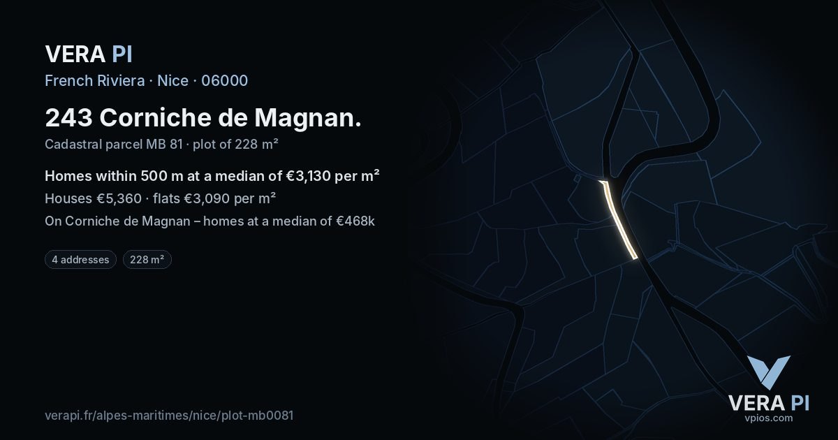243 Corniche de Magnan, Nice at night – the plot lit, the parcels around coloured by the prices near them