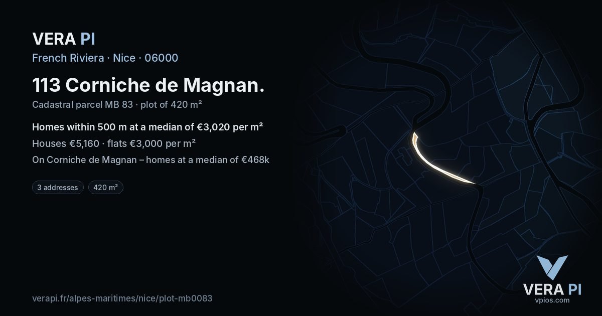 113 Corniche de Magnan, Nice at night – the plot lit, the parcels around coloured by the prices near them