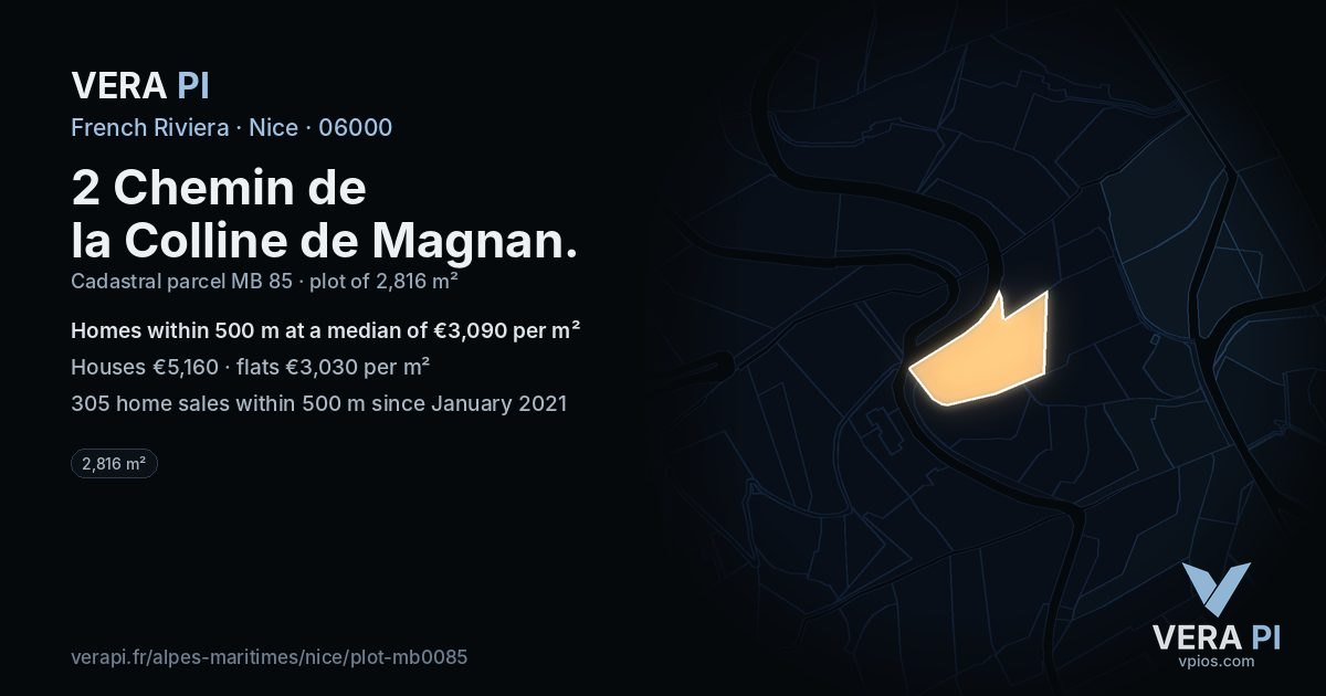 2 Chemin de la Colline de Magnan, Nice at night – the plot lit, the parcels around coloured by the prices near them