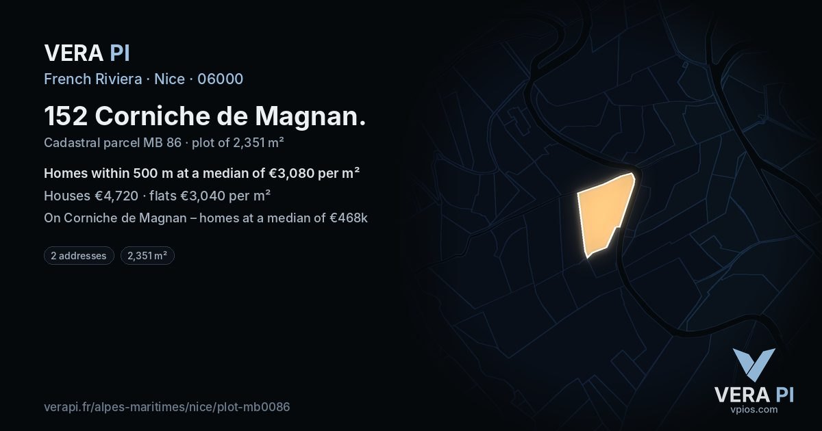 152 Corniche de Magnan, Nice at night – the plot lit, the parcels around coloured by the prices near them
