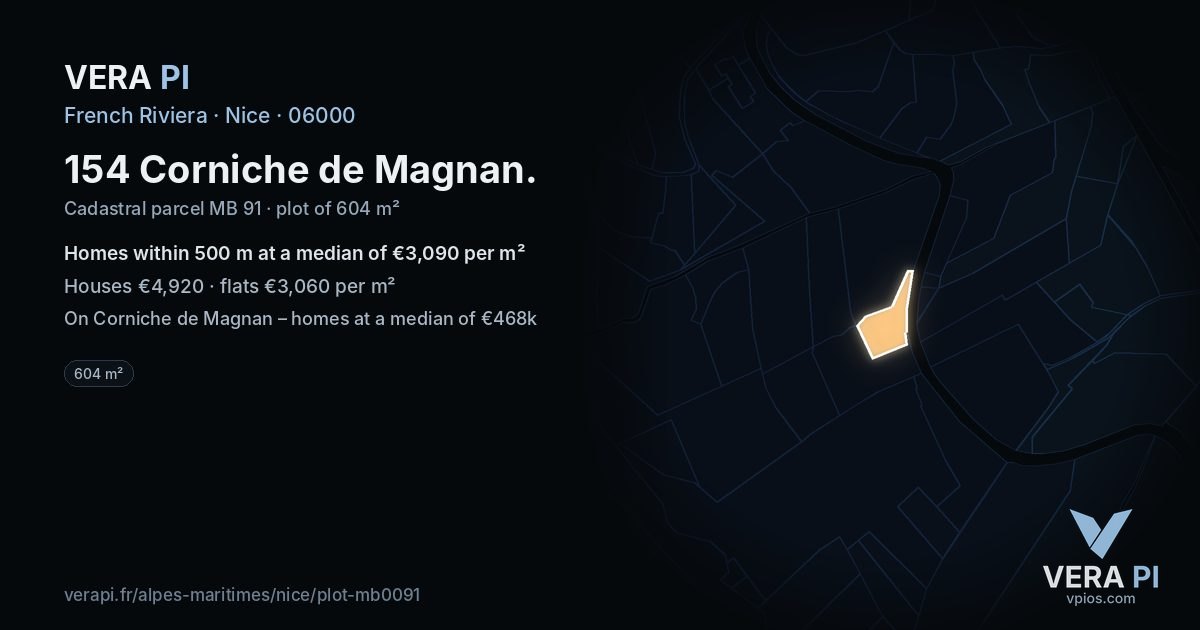 154 Corniche de Magnan, Nice at night – the plot lit, the parcels around coloured by the prices near them