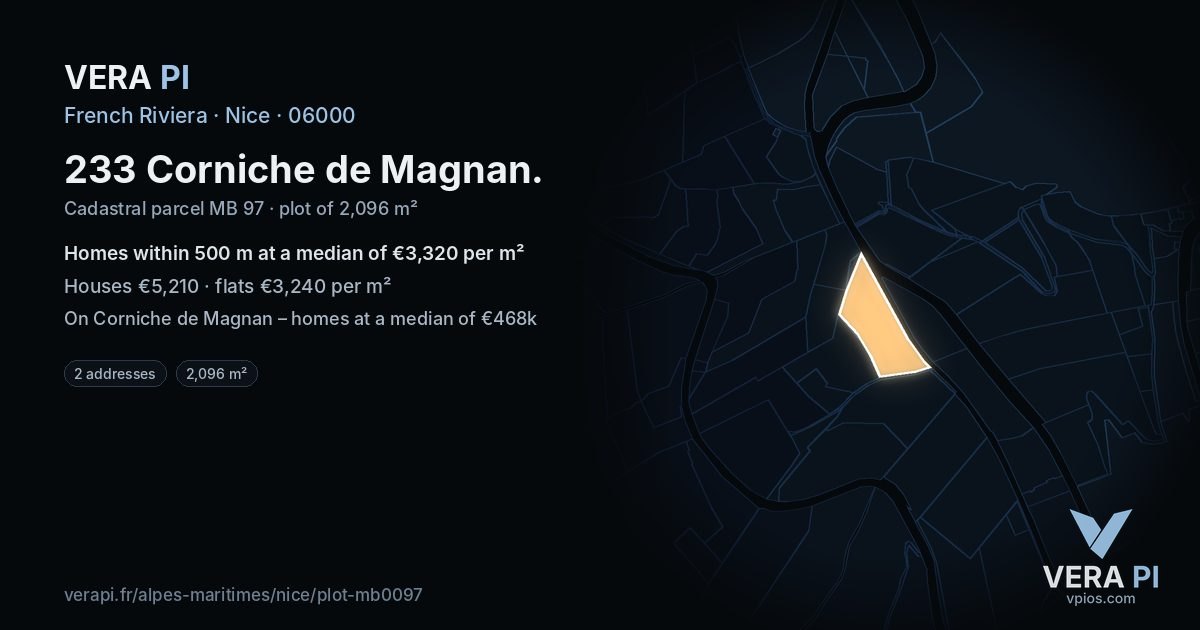 233 Corniche de Magnan, Nice at night – the plot lit, the parcels around coloured by the prices near them