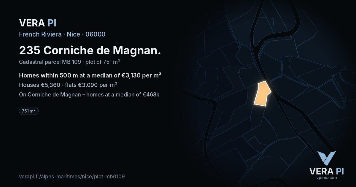 235 Corniche de Magnan, Nice at night – the plot lit, the parcels around coloured by the prices near them