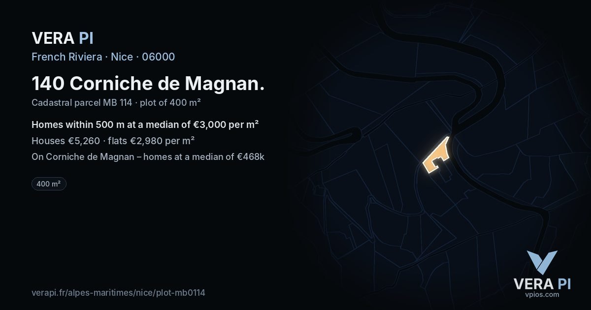 140 Corniche de Magnan, Nice at night – the plot lit, the parcels around coloured by the prices near them