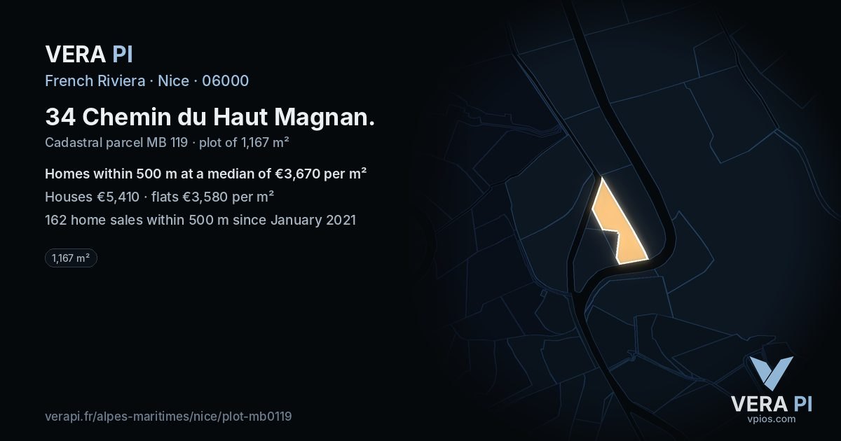 34 Chemin du Haut Magnan, Nice at night – the plot lit, the parcels around coloured by the prices near them