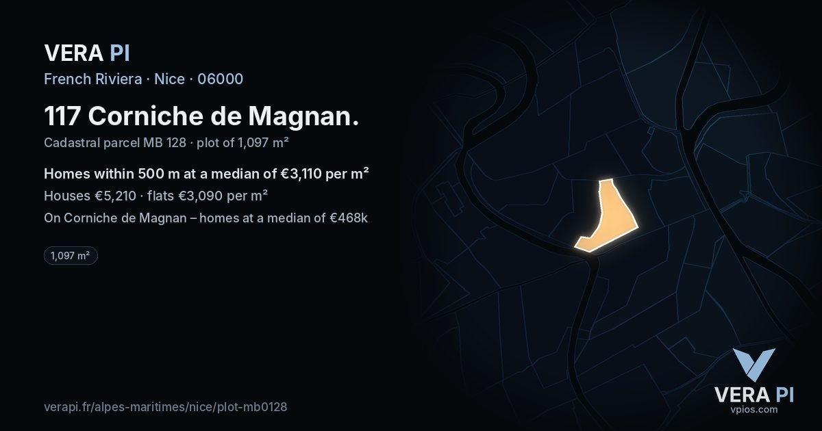 117 Corniche de Magnan, Nice at night – the plot lit, the parcels around coloured by the prices near them
