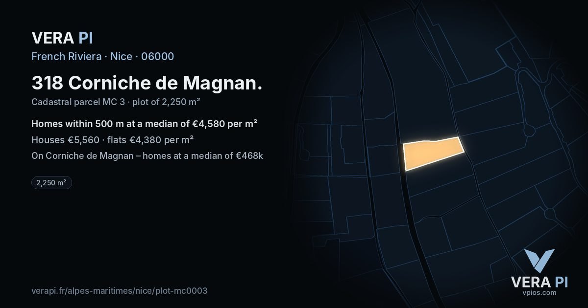318 Corniche de Magnan, Nice at night – the plot lit, the parcels around coloured by the prices near them