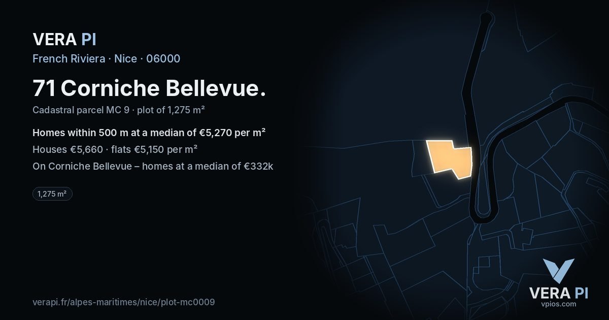 71 Corniche Bellevue, Nice at night – the plot lit, the parcels around coloured by the prices near them