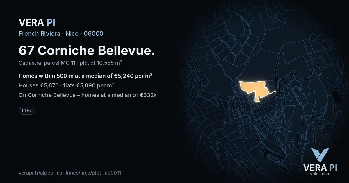 67 Corniche Bellevue, Nice at night – the plot lit, the parcels around coloured by the prices near them