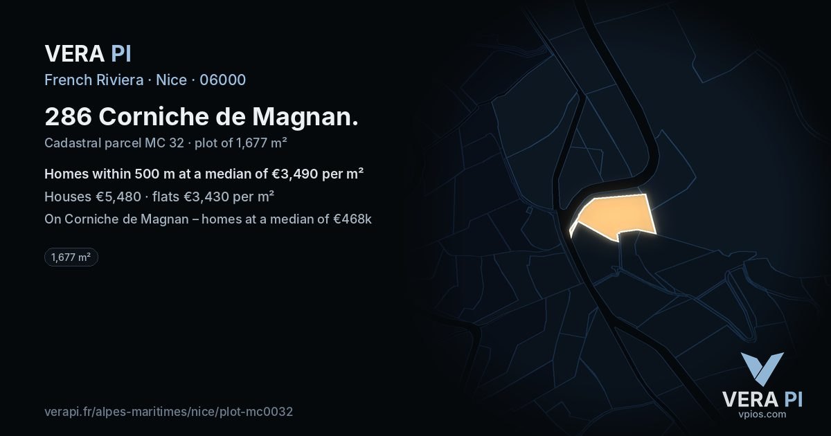 286 Corniche de Magnan, Nice at night – the plot lit, the parcels around coloured by the prices near them