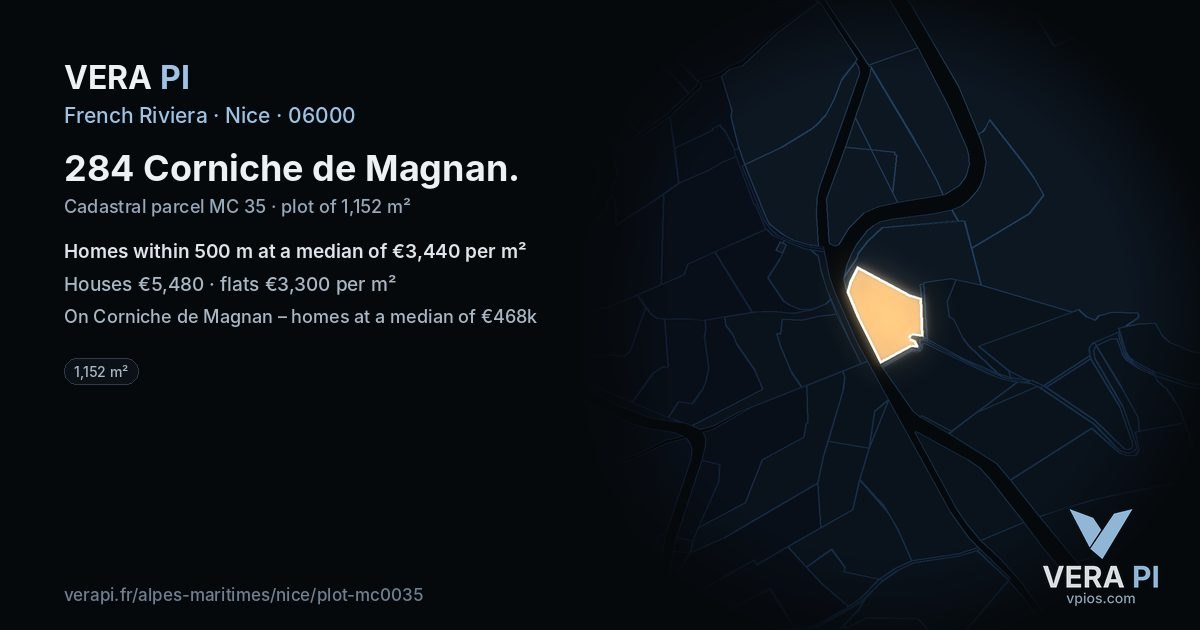284 Corniche de Magnan, Nice at night – the plot lit, the parcels around coloured by the prices near them
