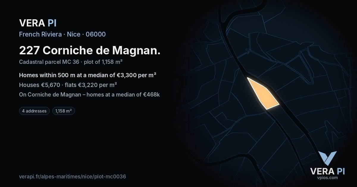 227 Corniche de Magnan, Nice at night – the plot lit, the parcels around coloured by the prices near them