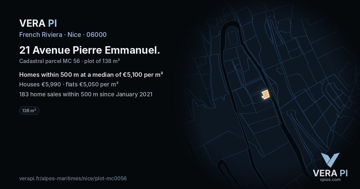 21 Avenue Pierre Emmanuel, Nice at night – the plot lit, the parcels around coloured by the prices near them