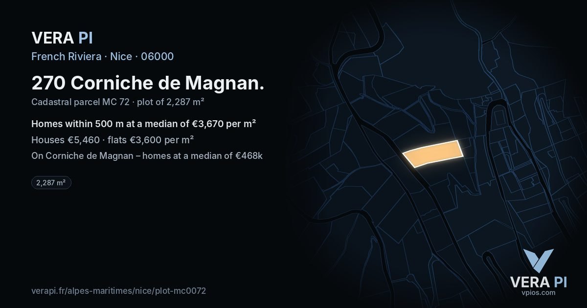 270 Corniche de Magnan, Nice at night – the plot lit, the parcels around coloured by the prices near them