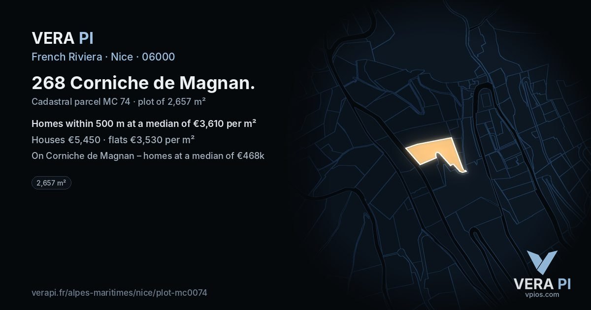268 Corniche de Magnan, Nice at night – the plot lit, the parcels around coloured by the prices near them