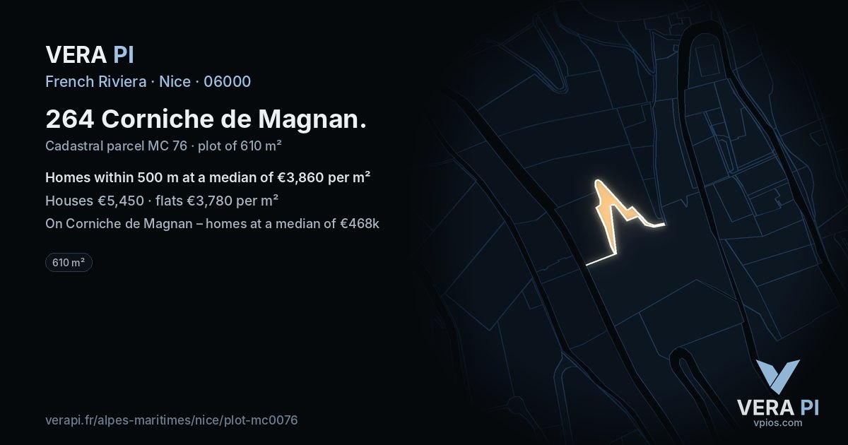 264 Corniche de Magnan, Nice at night – the plot lit, the parcels around coloured by the prices near them
