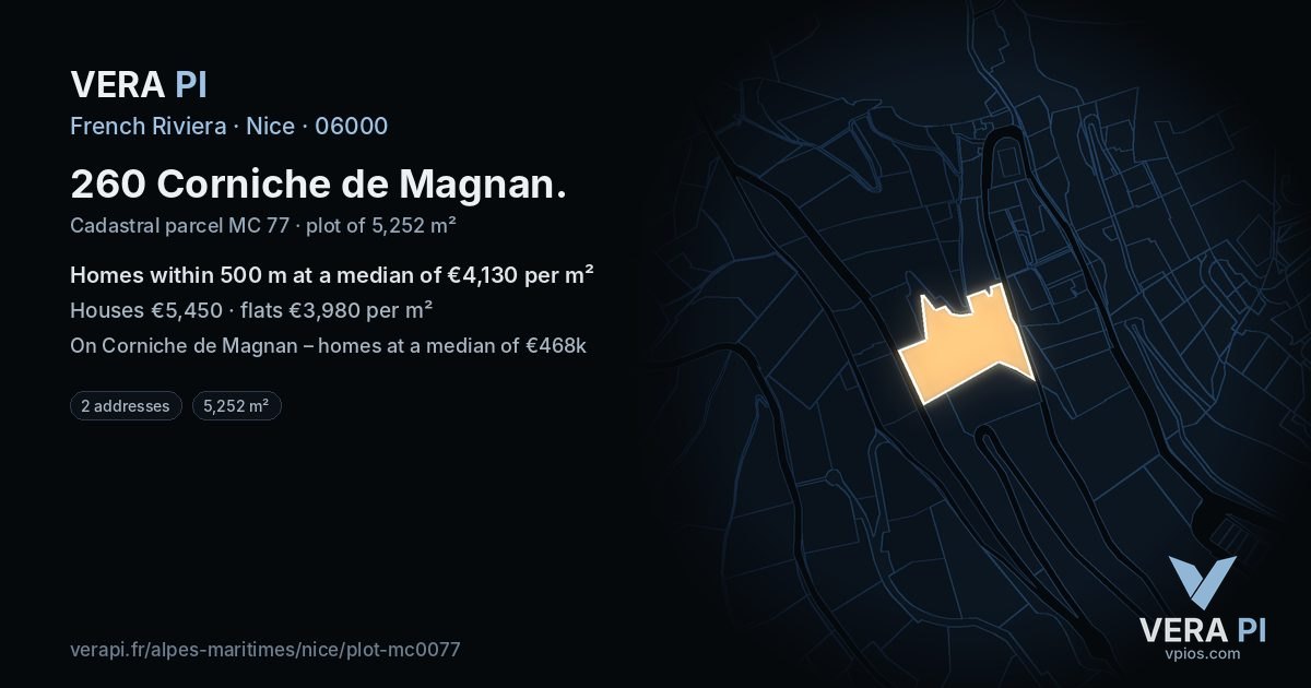 260 Corniche de Magnan, Nice at night – the plot lit, the parcels around coloured by the prices near them