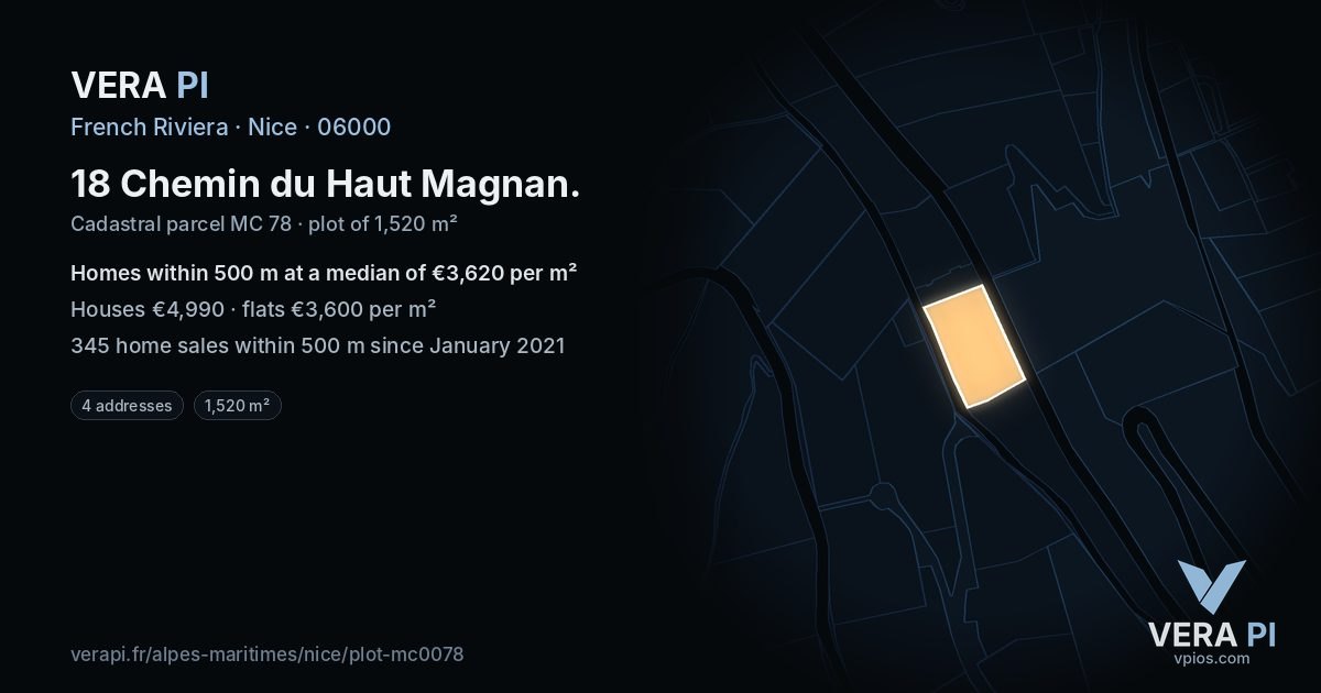 18 Chemin du Haut Magnan, Nice at night – the plot lit, the parcels around coloured by the prices near them