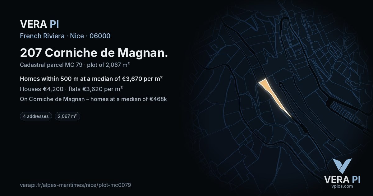 207 Corniche de Magnan, Nice at night – the plot lit, the parcels around coloured by the prices near them