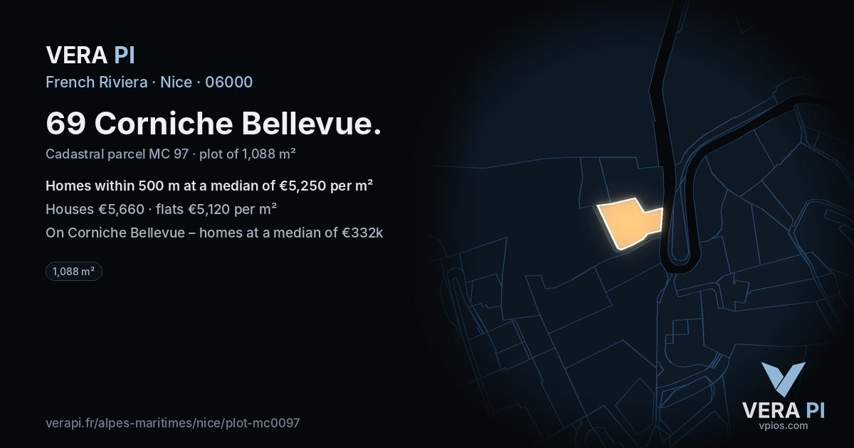 69 Corniche Bellevue, Nice at night – the plot lit, the parcels around coloured by the prices near them