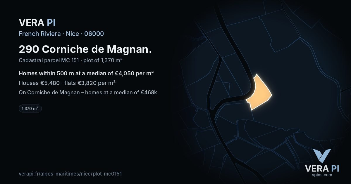 290 Corniche de Magnan, Nice at night – the plot lit, the parcels around coloured by the prices near them